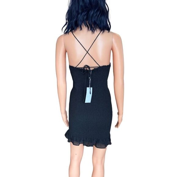 NWT Sage the Label Black Smocked Halter Mini Dress S Bodycon Ruffle Hem Cocktail - Picture 5 of 6